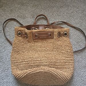 Michael Kors Brown Rattan Woven Backpack with Adjustable Straps